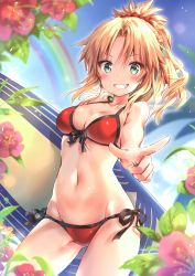 Rule 34 | 1girl, absurdres, bikini, blonde hair, breasts, cleavage, day, fate/apocrypha, fate (series), flower, front-tie bikini top, front-tie top, halterneck, highres, holding, holding behind back, looking at viewer, medium breasts, mordred (fate), mordred (fate/apocrypha), mordred (swimsuit rider) (first ascension) (fate), navel, outdoors, parted lips, rainbow, red bikini, riichu, scan, shiny skin, side-tie bikini bottom, smile, solo, stomach, string bikini, surfboard, swimsuit