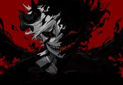 Rule 34 | 1boy, black clover, black sclera, colored sclera, demon, demon boy, demon horns, demon wings, highres, horns, liebe (black clover), male focus, open mouth, poonwip, red background, red eyes, sharp teeth, smile, solo, teeth, white hair, wings