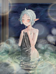 Rule 34 | 1girl, absurdres, blush, collarbone, covering privates, elf, grey hair, heart, heart-shaped pupils, highres, holding, holding towel, lens flare, looking at viewer, mushoku tensei, night, night sky, nude, nude cover, onsen, parted bangs, partially submerged, pointy ears, shooting star, short hair with long locks, sky, smile, solo, standing, sylphiette (mushoku tensei), symbol-shaped pupils, synchro penguin, towel, water