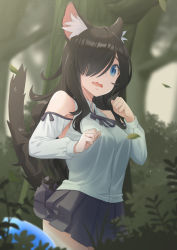 Rule 34 | 1girl, aina (mao lian), animal ear fluff, animal ears, black hair, blue eyes, blurry, blurry background, breasts, cat ears, cat tail, clothing cutout, forest, hair over one eye, highres, lifted by tail, mao lian (nekokao), medium breasts, nature, open mouth, original, outdoors, parted bangs, pleated skirt, shoulder cutout, skirt, solo, surprised, tail, wavy mouth