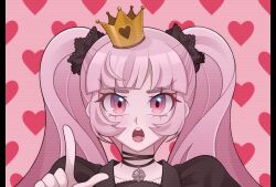 Rule 34 | 1girl, :o, black choker, choker, collarbone, crown, danganronpa (series), danganronpa another episode: ultra despair girls, hand up, heart, heart background, highres, index finger raised, kiki witch, long hair, pillarboxed, pink background, pink eyes, pink hair, portrait, puffy sleeves, smile, solo, teeth, tongue, twintails, utsugi kotoko, vocaloid, world is mine (vocaloid)