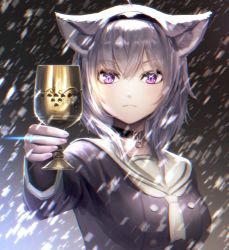 Rule 34 | + +, 1girl, animal ears, arm up, black choker, black serafuku, blizzard, breasts, cat ears, chalice, choker, commentary request, cup, expressionless, fingernails, giving, glint, hair between eyes, hairband, highres, holding, holding cup, hololive, jewelry, light frown, long sleeves, looking at viewer, medium breasts, nekomata okayu, nekomata okayu (casual), noname (metaldragonfly), outstretched arm, pendant, purple eyes, ring, sailor collar, school uniform, serafuku, short hair, silver hair, slit pupils, snowing, solo, standing, upper body, virtual youtuber, white neckwear, white sailor collar