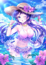 Rule 34 | 1girl, artist name, artist request, bare shoulders, between breasts, bikini, bikini top only, bird, blue eyes, blue feathers, blue sky, blush, bow, bracelet, breasts, cleavage, cloud, collarbone, cowboy shot, dress, feathers, female focus, flower, frilled bikini, frilled bikini top, frills, green eyes, hair ornament, hat, hat ribbon, heart, heart tattoo, highres, jewelry, large breasts, long hair, looking at viewer, love live!, love live! school idol festival, love live! school idol project, low twintails, medium breasts, navel, ocean, one eye closed, outstretched arms, petals, purple bow, purple flower, purple hair, ribbon, showgirl skirt, sky, smile, solo, standing, sun hat, sundress, swimsuit, tattoo, tojo nozomi, twintails, very long hair, white bikini, white bow