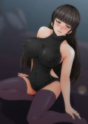 Rule 34 | 10s, 1girl, aran sweater, arm at side, arm support, backless dress, backless outfit, bare shoulders, black dress, black hair, black sweater, black thighhighs, blunt bangs, blush, breasts, brown eyes, cable knit, collarbone, covered erect nipples, dress, fingernails, girls und panzer, grey eyes, groin, halterneck, highres, impossible clothes, large breasts, long hair, mature female, meme attire, naked sweater, nanashi noiji, nishizumi shiho, no bra, open mouth, purple thighhighs, ribbed sweater, sitting, skin tight, sleeveless, sleeveless turtleneck, smile, solo, sweater, sweater dress, thighhighs, turtleneck, turtleneck sweater, virgin killer sweater, wariza