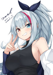 Rule 34 | 1girl, :d, bare shoulders, black shirt, blue eyes, blue jacket, breasts, dated, girls&#039; frontline, grin, hair ribbon, hand up, heterochromia, jacket, large breasts, long hair, looking at viewer, mdr (cocktail observer) (girls&#039; frontline), mdr (girls&#039; frontline), multicolored hair, off shoulder, official alternate costume, open clothes, open jacket, open mouth, ponytail, red eyes, red hair, ribbon, shirt, sideboob, sidelocks, signature, silver hair, simple background, sleeveless, sleeveless turtleneck, smile, solo, streaked hair, teeth, turtleneck, twitter username, unel, upper body, v, white background