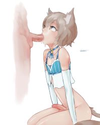Rule 34 | 2boys, androgynous, animal ear fluff, animal ears, bad id, bad tumblr id, bottomless, brown eyes, brown hair, cat boy, cat ears, cat tail, choker, crossdressing, elbow gloves, erection, felix argyle, fellatio, gloves, highres, legs together, looking at another, looking up, male focus, multiple boys, oral, otonaru, penis, re:zero kara hajimeru isekai seikatsu, signature, simple background, sitting, sleeveless, tail, testicles, trap, uncensored, white background, white gloves, yaoi