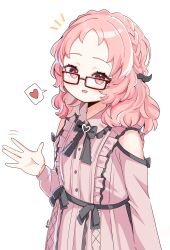 Rule 34 | 1girl, absurdres, bare shoulders, black bow, bow, bowtie, braid, breasts, brooch, commentary, dress, english commentary, forehead, frilled dress, frills, glasses, hair bow, heart, heart brooch, highres, jewelry, looking at viewer, medium hair, mie ai, notice lines, open mouth, pink dress, pink eyes, pink hair, rectangular eyewear, red-framed eyewear, rhansviel1, sleeveless, small breasts, smile, solo, speech bubble, spoken heart, sukinako ga megane wo wasureta, surprised, upper body, waving, wavy hair, white background, wrist bow, wristband