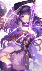 Rule 34 | 1girl, absurdres, bad id, bad pixiv id, braid, breasts, bridal gauntlets, cleavage, electricity, genshin impact, hair ornament, highres, homaderi, human scabbard, japanese clothes, katana, kimono, large breasts, long hair, long sleeves, looking at viewer, low-braided long hair, low-tied long hair, mole, mole under eye, musou isshin (genshin impact), obi, off shoulder, parted lips, purple eyes, purple hair, purple kimono, purple thighhighs, raiden shogun, sash, shrug (clothing), solo, sword, thighhighs, thighs, very long hair, weapon, wide sleeves