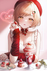 Rule 34 | 1girl, bare shoulders, beret, blonde hair, blurry, blush, bow, bowtie, breasts, cheesecake, choker, cleavage, collarbone, commentary, day, detached sleeves, food, frilled shirt, frills, fruit, hat, heart, highres, holding, ice cream, indoors, kottungyang, large breasts, light particles, long sleeves, looking at viewer, original, puckered lips, red bow, red choker, red hat, red nails, red sleeves, shirt, short hair, sleeveless, sleeveless shirt, solo, strawberry, sundae, sunlight, swept bangs, symbol-only commentary, table, upper body, white shirt, yellow eyes