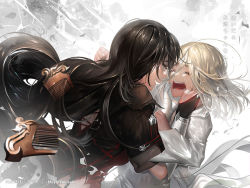 Rule 34 | 1boy, 1girl, artist name, bandages, bishounen, black hair, blonde hair, comb, crying, closed eyes, hands on another&#039;s face, innominat (tales), long hair, official alternate costume, open mouth, robe, spoilers, tales of (series), tales of berseria, velvet crowe, yukisaki mayui