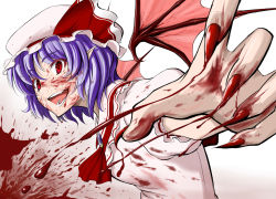 Rule 34 | 1girl, blood, claws, evil, fangs, female focus, hat, open mouth, pointy ears, purple hair, red eyes, remilia scarlet, smile, solo, stain, takebi, touhou, wings