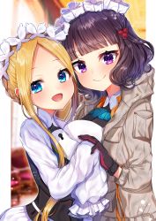 Rule 34 | 2girls, abigail williams (fate), abigail williams (festival outfit) (fate), akirannu, black gloves, blonde hair, blue eyes, blunt bangs, blush, braid, breasts, closed mouth, dress, fate/grand order, fate (series), forehead, french braid, gloves, grey jacket, hair ornament, hairpin, heroic spirit festival outfit, highres, jacket, katsushika hokusai (fate), katsushika hokusai (festival outfit) (fate), keyhole, long hair, long sleeves, looking at viewer, maid headdress, medium breasts, multiple girls, official alternate costume, open mouth, parted bangs, purple eyes, purple hair, short hair, sidelocks, sleeves past fingers, sleeves past wrists, small breasts, smile, white dress