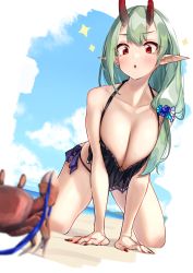 Rule 34 | 1girl, :o, absurdres, akari (baffu), all fours, baffu, beach, bikini, blue sky, blurry, breasts, breasts squeezed together, cloud, collarbone, commentary request, crab, day, depth of field, fingernails, green hair, hair ornament, highres, horns, kneeling, large breasts, looking at animal, nail polish, ocean, oppai loli, original, outdoors, pointy ears, red eyes, red horns, red nails, sand, side-tie bikini bottom, sky, solo, swimsuit