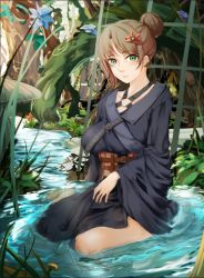 Rule 34 | 1girl, blush, breasts, brown corset, corset, forest, hair bun, hair ornament, japanese clothes, kato (kato), kimono, looking at viewer, nature, original, outdoors, single hair bun, smile, solo, water, wet