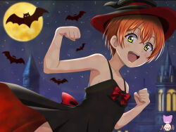 Rule 34 | 1girl, absurdres, bare shoulders, halloween, hat, highres, hoshizora rin, looking at viewer, love live!, open mouth, orange hair, short hair, smile, solo, user sjah7745, yellow eyes