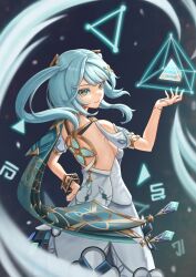 Rule 34 | 1girl, absurdres, aqua hair, bare shoulders, bracelet, breasts, commentary request, cowboy shot, dress, faruzan (genshin impact), from behind, genshin impact, green eyes, hand on own hip, hand up, highres, ilbanseomin, jewelry, long hair, looking at viewer, looking back, medium breasts, pyramid (geometry), short sleeves, smile, solo, standing, twintails, white dress