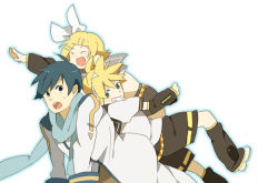 Rule 34 | 1girl, 2boys, :d, :o, ^ ^, belt, blonde hair, blue eyes, blue hair, brother and sister, closed eyes, coat, detached sleeves, hairband, hayato (meromoni), kagamine len, kagamine rin, kaito (vocaloid), long sleeves, multiple boys, open mouth, outstretched arm, sailor collar, scarf, school uniform, serafuku, shoes, short hair, shorts, siblings, smile, twins, vocaloid