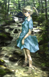 Rule 34 | 1girl, barefoot, blonde hair, blue eyes, blush, dress, female focus, forest, nature, outdoors, rasukaru, shade, smile, solo, stream, twintails, wading, water