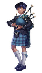 Rule 34 | 1boy, absurdres, bagpipes, black footwear, black hat, black jacket, blue necktie, blue skirt, closed mouth, collared shirt, creatures (company), full body, game freak, green scarf, grey socks, hat, highres, holding, holding instrument, hop (pokemon), instrument, jacket, kilt, long sleeves, male focus, na1 pkmn, necktie, nintendo, open clothes, open jacket, plaid, plaid scarf, plaid skirt, pokemon, pokemon swsh, purple hair, scarf, shirt, shoes, short hair, skirt, socks, solo, standing, white shirt, yellow eyes