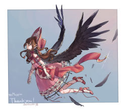 Rule 34 | 1girl, absurdres, bird wings, bonnet, border, brown hair, closed mouth, commission, dress, flying, from side, gloves, green eyes, high heels, highres, indie virtual youtuber, long hair, magpie (vtuber), mullmull02, pink dress, pink footwear, shoes, skeb commission, socks, solo, twitter username, virtual youtuber, white border, white gloves, white socks, wings