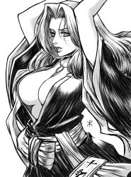 Rule 34 | apoloniodraws, arms up, bleach, breasts, greyscale, highres, japanese clothes, long hair, looking at viewer, matsumoto rangiku, monochrome, solo, staring
