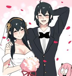 Rule 34 | 1boy, 2girls, alternate universe, anya (spy x family), black hair, blush, breasts, bride, brother and sister, cleavage, commentary, dress, flat color, highres, hinghoi, incest, multiple girls, pink background, siblings, smile, spy x family, surprised, symbol-only commentary, tuxedo, wedding, wedding dress, yor briar, yuri briar