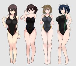 Rule 34 | 4girls, akagi (kancolle), arm behind back, arms at sides, barefoot, black one-piece swimsuit, competition swimsuit, covered navel, exercise, full body, grey background, hiryuu (kancolle), kaga (kancolle), kantai collection, multiple girls, noruren, one-piece swimsuit, open mouth, simple background, souryuu (kancolle), stretching, swimsuit
