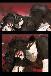 Rule 34 | 1boy, 1girl, :q, bags under eyes, black eyes, black hair, black pantyhose, black shirt, blood, blood on face, blood on leg, blood on mouth, blush, boy on top, closed mouth, collarbone, fingernails, hair between eyes, hair ornament, heart, heart hair ornament, hetero, highres, holding another&#039;s head, john doe (visual novel), john doe (visual novel) (character), kaifei (kaifei 29), kiss, licking lips, long hair, male focus, messy hair, pantyhose, pink hair, red background, red pupils, scar, scar on arm, scar on chest, self-harm scar, sharp fingernails, shirt, sweat, tongue, tongue out, yandere
