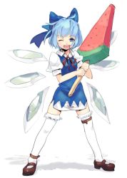 Rule 34 | 1girl, blue eyes, blue hair, bow, cirno, food, frilled thighhighs, frills, fruit, hair bow, mary janes, matching hair/eyes, one eye closed, popsicle, s.o chin, shoes, short hair, smile, solo, thigh strap, thighhighs, touhou, watermelon, watermelon bar, white thighhighs, wings, wink