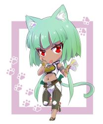 Rule 34 | 1girl, akanbe, animal ears, cat ears, cat tail, chibi, commentary request, dark-skinned female, dark skin, emerald sustrai, eyelid pull, finger to eye, full body, green eyes, gun, halterneck, handgun, iesupa, money, navel, outside border, red eyes, revolver, rwby, short hair with long locks, solo, standing, standing on one leg, stomach, tail, tongue, tongue out, weapon, white background