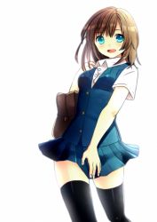 Rule 34 | 1girl, bad id, bad pixiv id, black thighhighs, blue eyes, blush, brown hair, clarinet (natsumi3230), kurata rine, looking at viewer, open mouth, original, simple background, skirt, solo, thighhighs, white background
