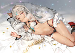 Rule 34 | 10s, 1girl, altera (fate), anmi, arms up, bed sheet, black legwear, breasts, cleavage, dark skin, dark-skinned female, detached sleeves, fate/extra, fate/grand order, fate (series), grey hair, highres, long hair, looking at viewer, lying, midriff, nail polish, navel, on side, red eyes, revealing clothes, sheet grab, small breasts, solo, sparkle, tattoo, veil