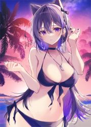 Rule 34 | 1girl, adjusting hair, animal ears, beach, between breasts, bikini, bow, breasts, cat ears, cat girl, choker, cleavage, dripping, earrings, hair bow, highres, jewelry, large breasts, long hair, looking at viewer, nail polish, navel, necklace, night, night sky, original, oshioshio, outdoors, palm tree, purple bikini, purple eyes, purple hair, purple nails, purple theme, sky, solo, sunset, sweat, sweatdrop, swimsuit, tree, wet