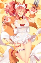 Rule 34 | 1girl, animal ears, animal hands, apron, bell, blush, bow, breasts, cat hair ornament, cat paws, cleavage, collar, fangs, fate/grand order, fate (series), food, fox ears, fox tail, fruit, gloves, hair bow, hair ornament, hair ribbon, highres, jingle bell, knife, large breasts, long hair, maid headdress, n0r0, naked apron, neck bell, open mouth, orange (fruit), paw gloves, paw shoes, pink hair, ponytail, red ribbon, ribbon, shoes, solo, tail, tamamo (fate), tamamo cat (fate), tamamo cat (third ascension) (fate), twitter username, yellow eyes