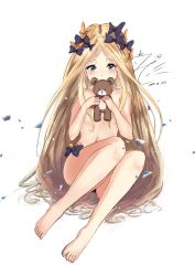 Rule 34 | 1girl, abigail williams (fate), barefoot, blonde hair, blue eyes, blush, breasts, covered mouth, dated, fate/grand order, fate (series), hair censor, hair over breasts, highres, holding, holding stuffed toy, long hair, looking at viewer, navel, nude, signature, simple background, sitting, small breasts, stuffed animal, stuffed toy, teddy bear, teratsuki, toenails, very long hair, white background