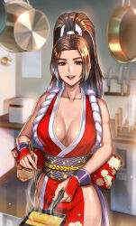 1girl breasts brown_hair cleavage cooking high_ponytail highres indoors kitchen looking_at_viewer ninja shiranui_mai smile solo the_king_of_fighters the_king_of_fighters_xv yukinoshinf