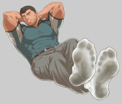 Rule 34 | 1boy, arms behind head, bara, beard, chris redfield, covered abs, covered navel, facial hair, feet, foot focus, foreshortening, full body, green shirt, grey pants, large pectorals, crossed legs, male focus, mature male, muscular, muscular male, no shoes, pants, pectorals, presenting foot, resident evil, resident evil 5, shirt, short hair, sideburns, sitting, socks, soles, solo, stomach, taut clothes, taut shirt, tetsu (kurotetsu1379), toes
