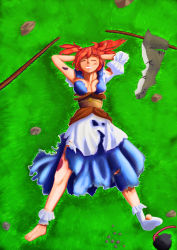 Rule 34 | absurdres, arms behind head, boroe, breasts, bruise, closed eyes, dress, grass, hair bobbles, hair ornament, highres, injury, lying, on back, onozuka komachi, red hair, rock, scratches, scythe, smile, socks, solo, source request, susuki hara, torn clothes, torn dress, torn socks, touhou, twintails, two side up