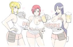 Rule 34 | 3girls, alcohol, artoria pendragon (fate), artoria pendragon (lancer) (fate), beer, beer mug, blonde hair, boudica (fate), braid, breasts, cleavage, cup, fate/grand order, fate (series), french braid, green eyes, heart, hooters, huge breasts, mature female, minamoto no raikou (fate), mug, multiple girls, name tag, open mouth, purple eyes, purple hair, red hair, romo (samesameyeah), short shorts, shorts, smile, tank top