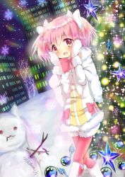 Rule 34 | adapted costume, alternate costume, boots, building, christmas lights, christmas ornaments, christmas tree, fur-trimmed boots, fur trim, hands on own cheeks, hands on own face, highres, hoshikage wataru, kaname madoka, kyubey, mahou shoujo madoka magica, mittens, night, night sky, open mouth, signature, sky, snow, snowflakes, snowing, snowman, solo, star (sky), star (symbol), stick, tree, white mittens