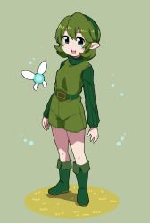 Rule 34 | 1girl, :d, absurdres, arms at sides, belt, belt buckle, blue eyes, boots, buckle, fairy, fairy wings, full body, grass, green background, green belt, green footwear, green hair, green hairband, green shirt, green sweater, green theme, hair between eyes, hairband, highres, knee boots, kokiri, long sleeves, looking at viewer, nintendo, open mouth, pointy ears, ribbed sweater, saria (zelda), shadow, shirt, short hair, simple background, sleeveless, sleeveless shirt, smile, solo, standing, sweater, teeth, the legend of zelda, the legend of zelda: ocarina of time, tongue, turtleneck, turtleneck sweater, wings, yokoyoko (nazonazo)