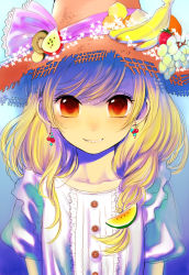 Rule 34 | 1girl, bad id, bad pixiv id, blonde hair, blush, earrings, female focus, food, food-themed clothes, food as clothes, fruit, gradient background, grin, hat, jewelry, kirisame marisa, long hair, plant, red eyes, smile, solo, touhou, upper body, yokoyari mengo