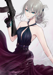 Rule 34 | 1girl, an-94, an-94 (girls&#039; frontline), an-94 (silent rouge) (girls&#039; frontline), aqua eyes, assault rifle, bad id, bad pixiv id, bare shoulders, black dress, black gloves, breasts, dress, ear piercing, filha, girls&#039; frontline, gloves, grey hair, gun, hair ornament, halterneck, highres, holding, holding weapon, lips, long hair, looking away, official alternate costume, piercing, platinum blonde hair, rifle, small breasts, solo, standing, weapon, white background
