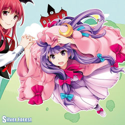 Rule 34 | 2girls, album cover, coat, cover, crescent, demon girl, demon wings, dress, hair ribbon, hand on headwear, hat, head wings, holding hands, interlocked fingers, koakuma, long hair, mob cap, multiple girls, open clothes, open coat, open mouth, patchouli knowledge, purple dress, purple eyes, purple hair, rakujin, red eyes, red hair, ribbon, scarlet devil mansion, smile, striped clothes, striped dress, touhou, tress ribbon, very long hair, wings