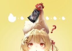 Rule 34 | 1girl, ?, absurdres, ahoge, animal, animal on head, beak hold, bird, blonde hair, chicken, feathers, fortissimo, hair ornament, highres, hololive, hololive dev is, mouth hold, musical note, musical note hair ornament, on head, otonose kanade, pparus, red eyes, triangle mouth, virtual youtuber, yellow background