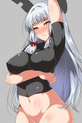 Rule 34 | 1girl, absurdres, alternate breast size, ar (lover boy), arm under breasts, arm up, blush, bottomless, breast hold, breasts, closed mouth, commentary request, covered erect nipples, cowboy shot, grey background, hair ribbon, headgear, highres, impossible clothes, impossible shirt, kantai collection, large breasts, long hair, looking at viewer, murakumo (kancolle), murakumo kai ni (kancolle), navel, nose blush, out-of-frame censoring, ribbon, shirt, sidelocks, silver hair, simple background, solo, stomach, tress ribbon, very long hair, yellow eyes