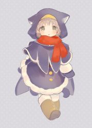 Rule 34 | 1girl, :o, animal hood, bad id, bad pixiv id, blush, boots, brown footwear, buttons, cat hood, fur trim, green eyes, grey hair, highres, hood, long sleeves, mittens, okayu (headless), open mouth, pantyhose, polka dot, polka dot background, red scarf, sanya v. litvyak, scarf, short hair, solo, strike witches, white pantyhose, world witches series