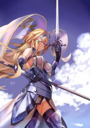 Rule 34 | 1girl, bare shoulders, blonde hair, breasts, chain, cloud, couter, dual wielding, fate/apocrypha, fate (series), fur trim, gauntlets, highres, holding, intes, jeanne d&#039;arc (fate), jeanne d&#039;arc (ruler) (fate), jeanne d&#039;arc (third ascension) (fate), long hair, panties, pantyshot, parted lips, plackart, profile, salute, skindentation, sky, solo, sword, thighhighs, underwear, weapon, wind, zettai ryouiki