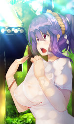 1girl bangle bracelet breasts female_focus jewelry large_breasts matsuzou nipples open_mouth ponytail purple_hair red_eyes see-through_clothes shide short_hair solo touhou upper_body yasaka_kanako yuuji_(yukimimi)