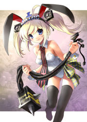 Rule 34 | 1girl, ahoge, animal ears, antec, antecco, ball and chain (weapon), blonde hair, blue eyes, fake animal ears, hair ornament, hand fan, katahira masashi, necktie, playboy bunny, power supply, rabbit ears, solo, spiked ball and chain, thighhighs, twintails, weapon